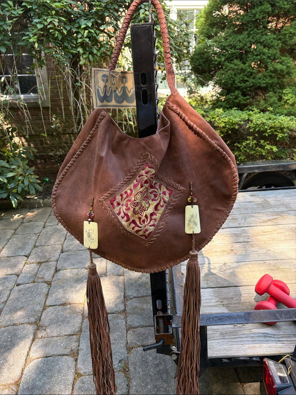 Maria Teresa Madariaga Boho Brown Leather and ivory accent Tassel Shoulder Bag